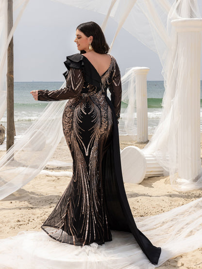 Plus Asymmetrical Ruffle Trim Mermaid Hem Graphic Sequin Formal Dress Evening Dress