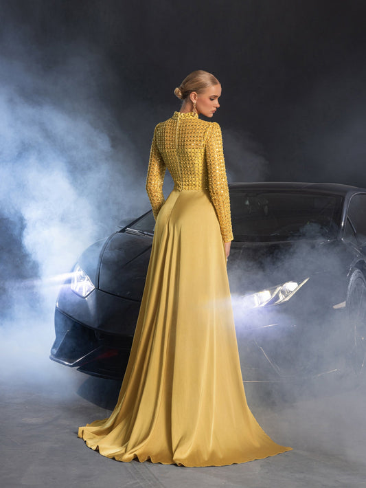 Elegant Beaded Sheer Long Sleeve Gown | High Neck & Satin Mermaid Skirt
