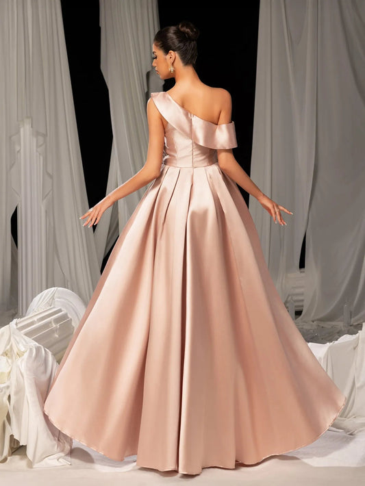Elegant Sloping Neck Split A-line Satin Formal Prom Dress – view 2