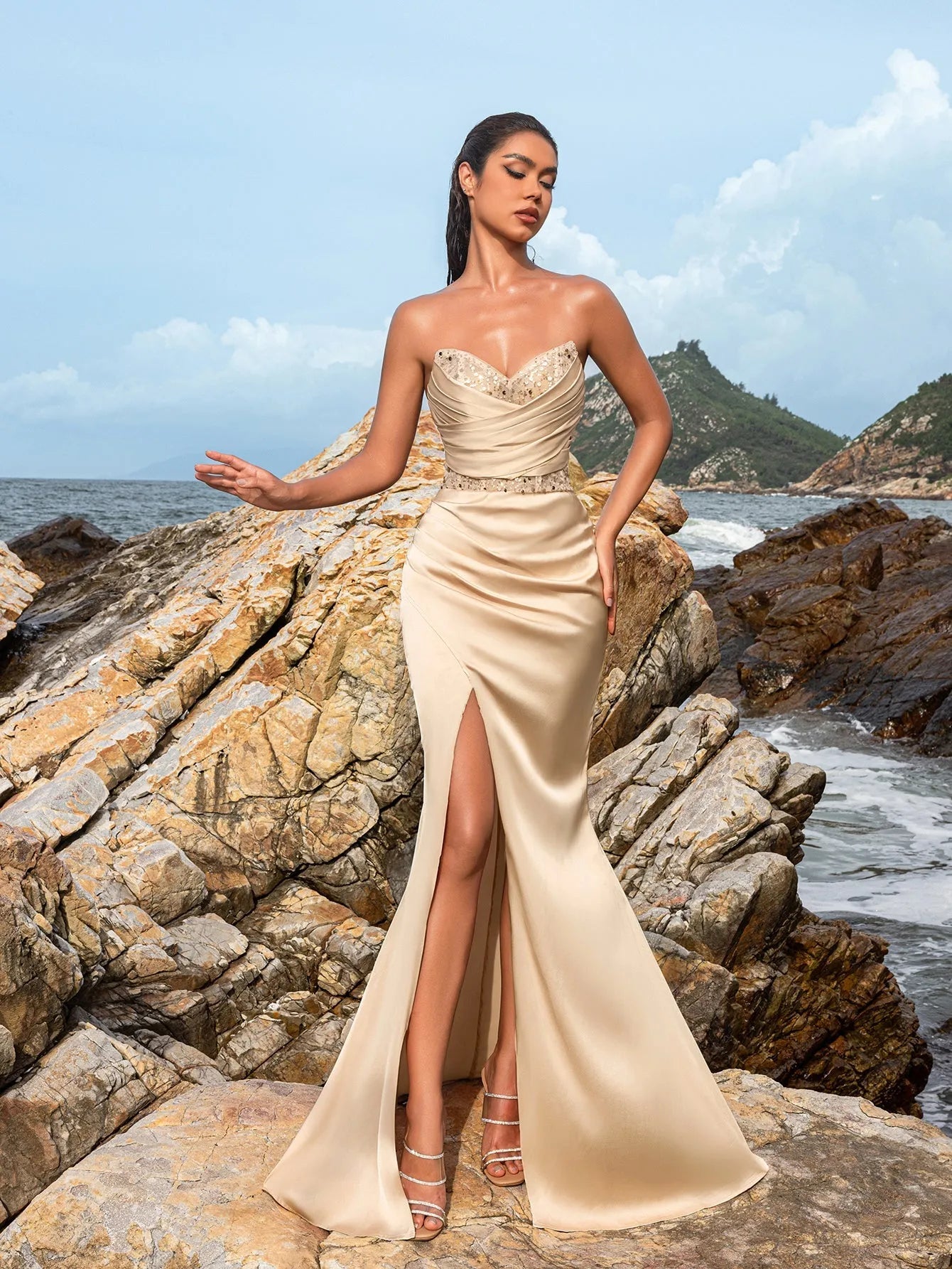Additional product view of High-Slit Strapless Satin Sequin Mermaid Evening Gown