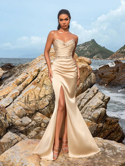 Additional product view of High-Slit Strapless Satin Sequin Mermaid Evening Gown
