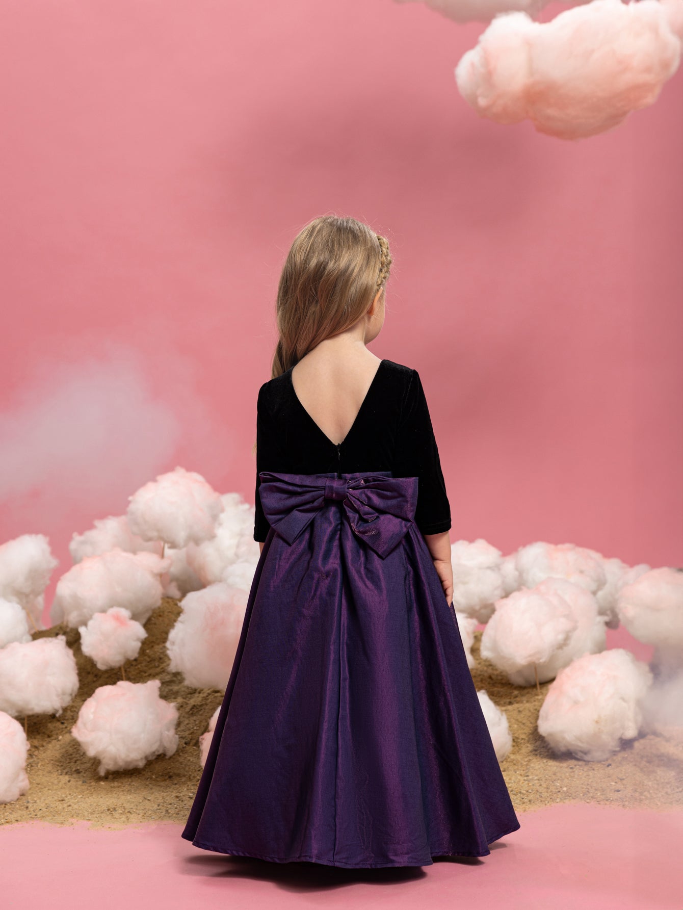 Young Girls' Round Neck Bow Three-Quarter-Sleeve A-Line Formal Gown — authorized product image 2
