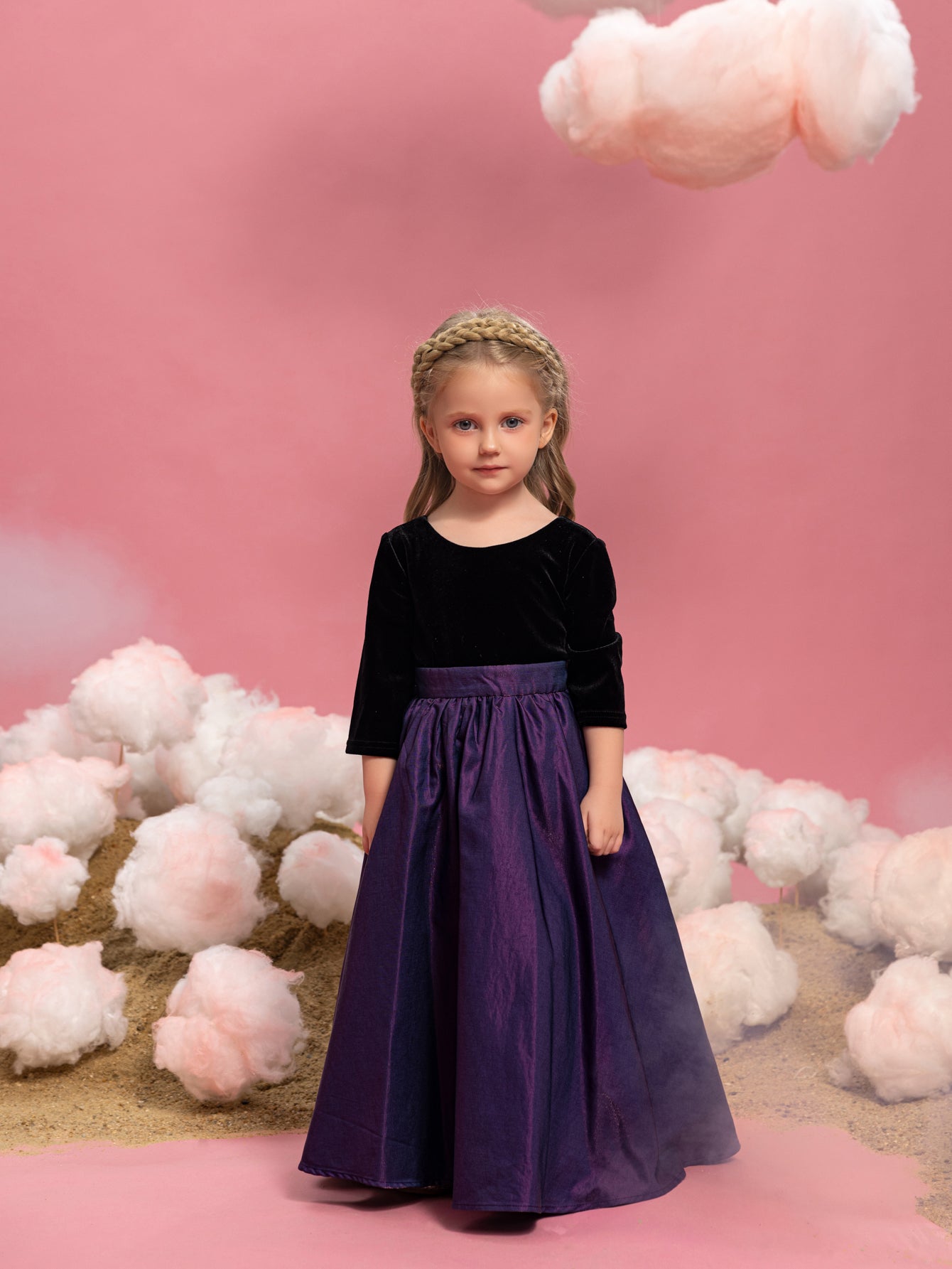 Young Girls' Round Neck Bow Three-Quarter-Sleeve A-Line Formal Gown — authorized product image 1