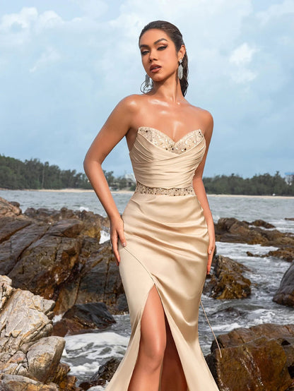 Additional product view of High-Slit Strapless Satin Sequin Mermaid Evening Gown