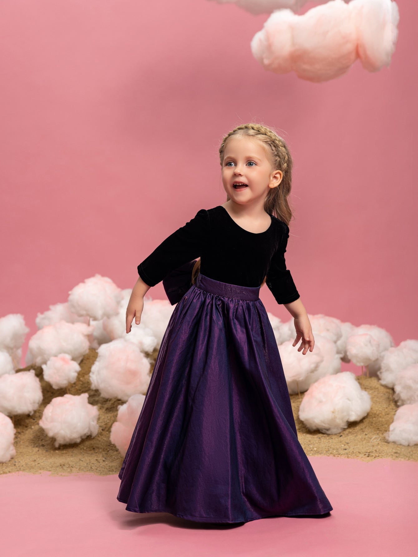 Young Girls' Round Neck Bow Three-Quarter-Sleeve A-Line Formal Gown — authorized product image 3