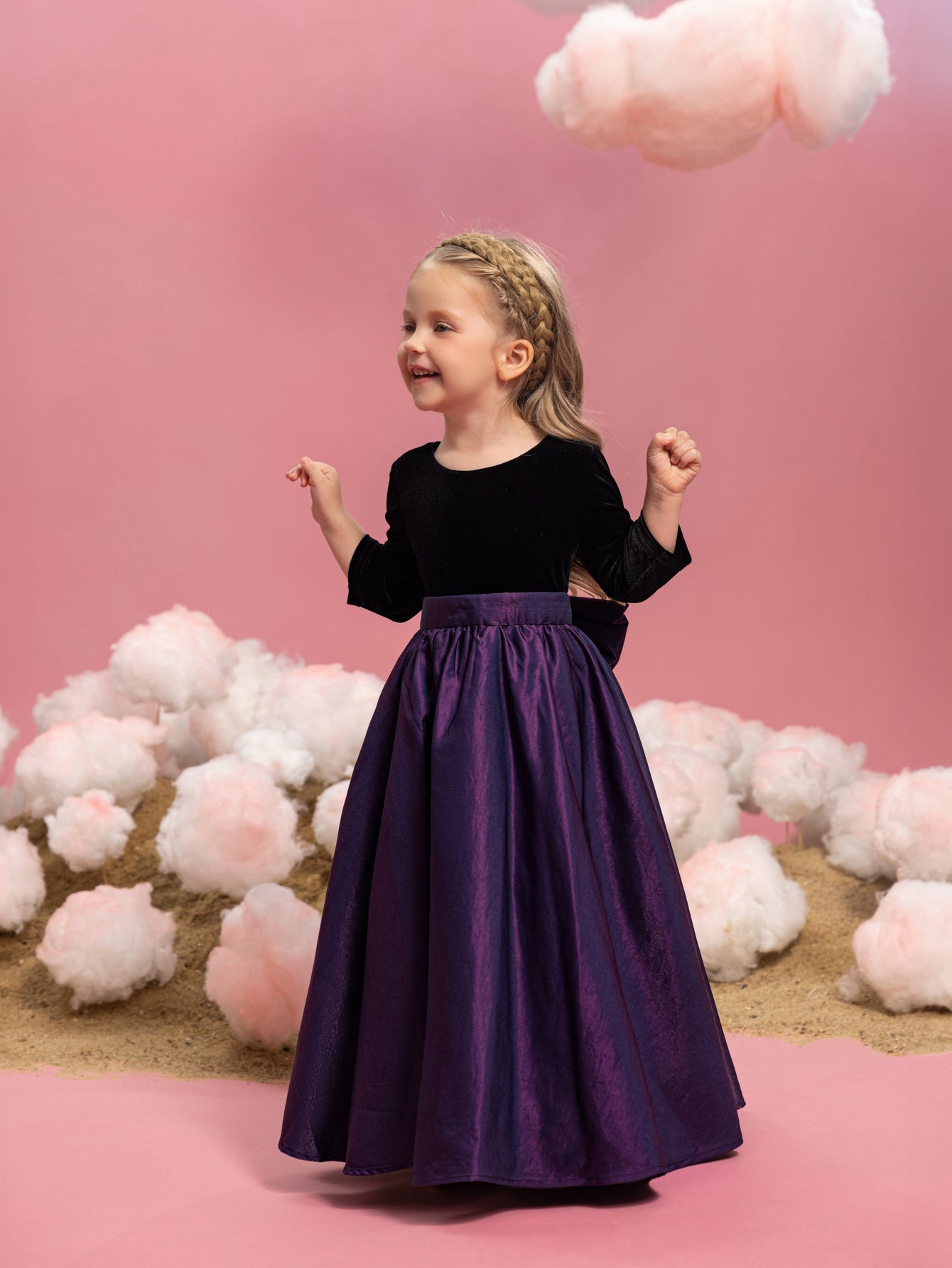 Young Girls' Round Neck Bow Three-Quarter-Sleeve A-Line Formal Gown — authorized product image 4