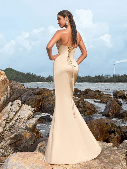 Additional product view of High-Slit Strapless Satin Sequin Mermaid Evening Gown