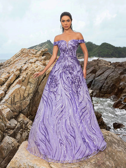 Elegant Off Shoulder Graphic Sequin Formal Prom Dress Evening Dress