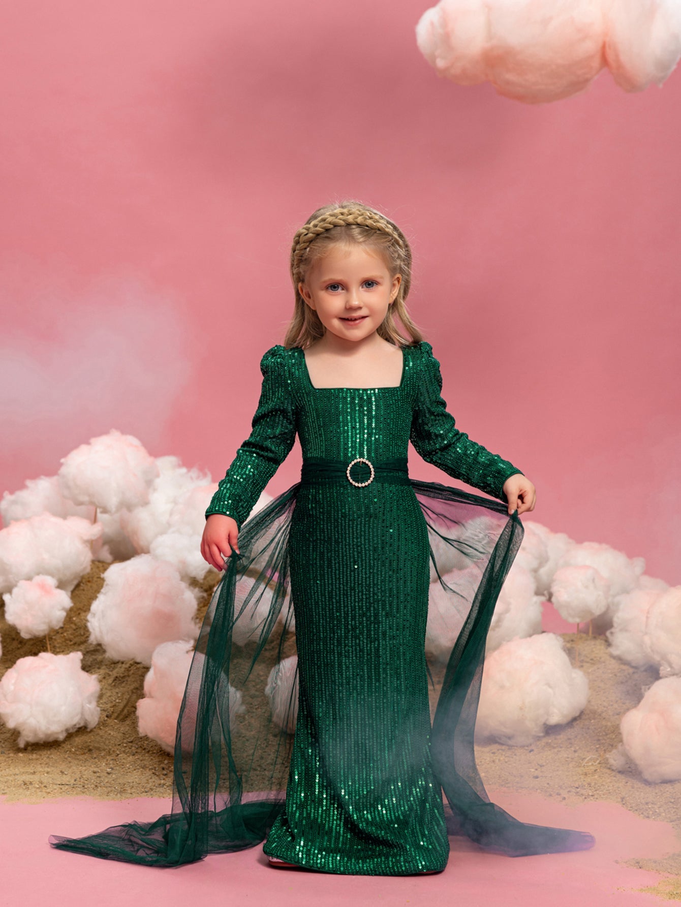 Young Girls' Square Neck Sequin Long-Sleeve Mermaid Formal Gown — authorized product image 1