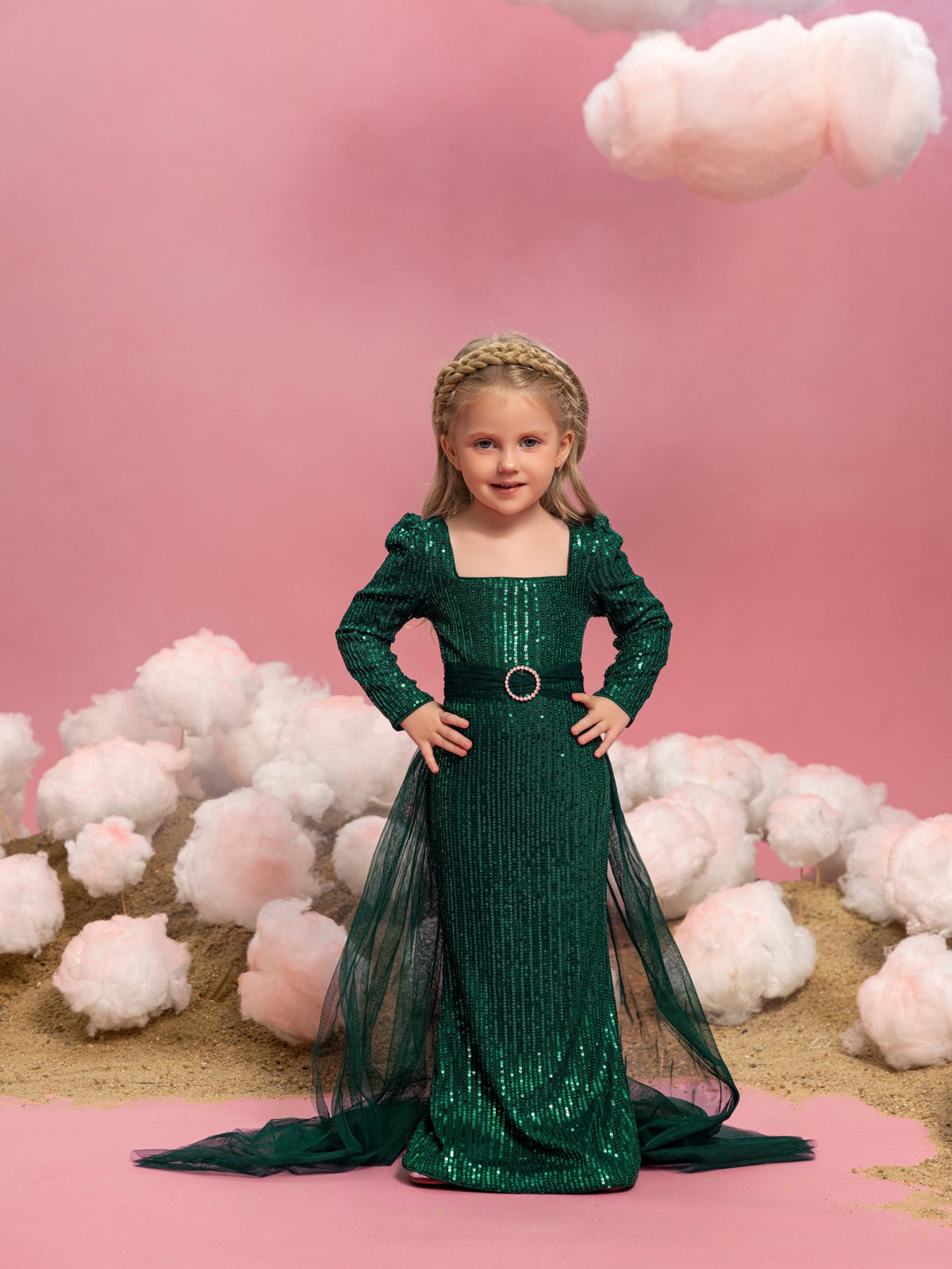 Young Girls' Square Neck Sequin Long-Sleeve Mermaid Formal Gown — authorized product image 4