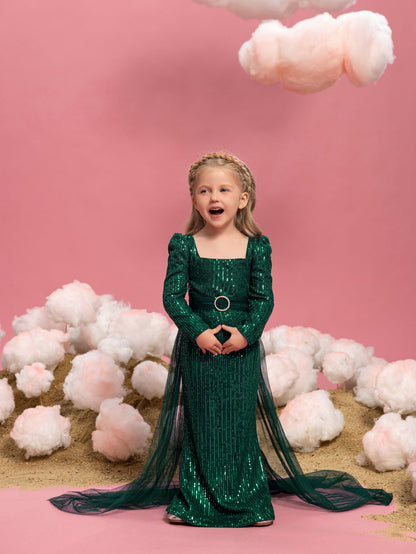 Young Girls' Square Neck Sequin Long-Sleeve Mermaid Formal Gown — authorized product image 5