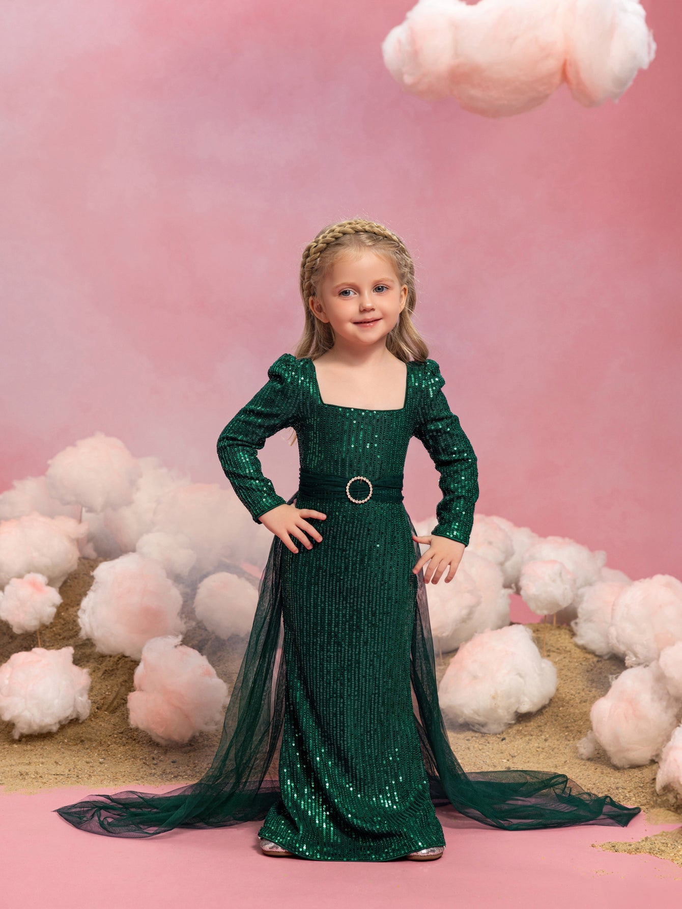 Young Girls' Square Neck Sequin Long-Sleeve Mermaid Formal Gown — authorized product image 6