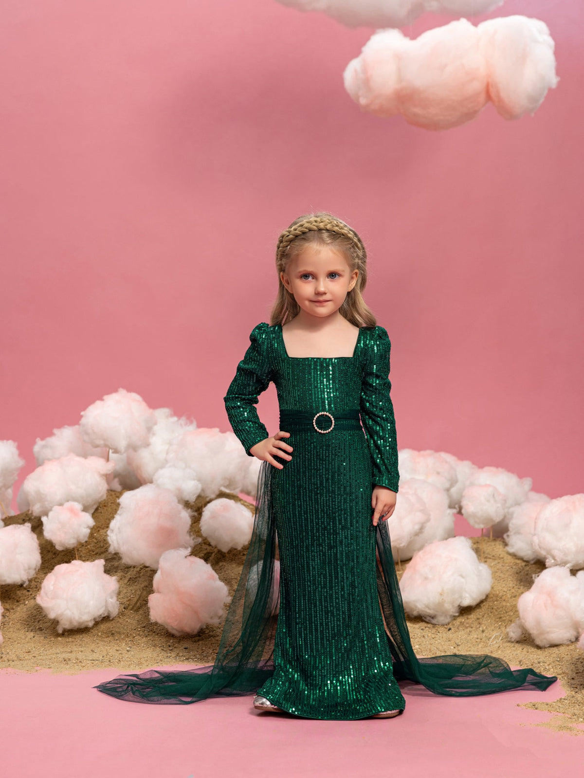 Young Girls' Square Neck Sequin Long-Sleeve Mermaid Formal Gown — authorized product image 3