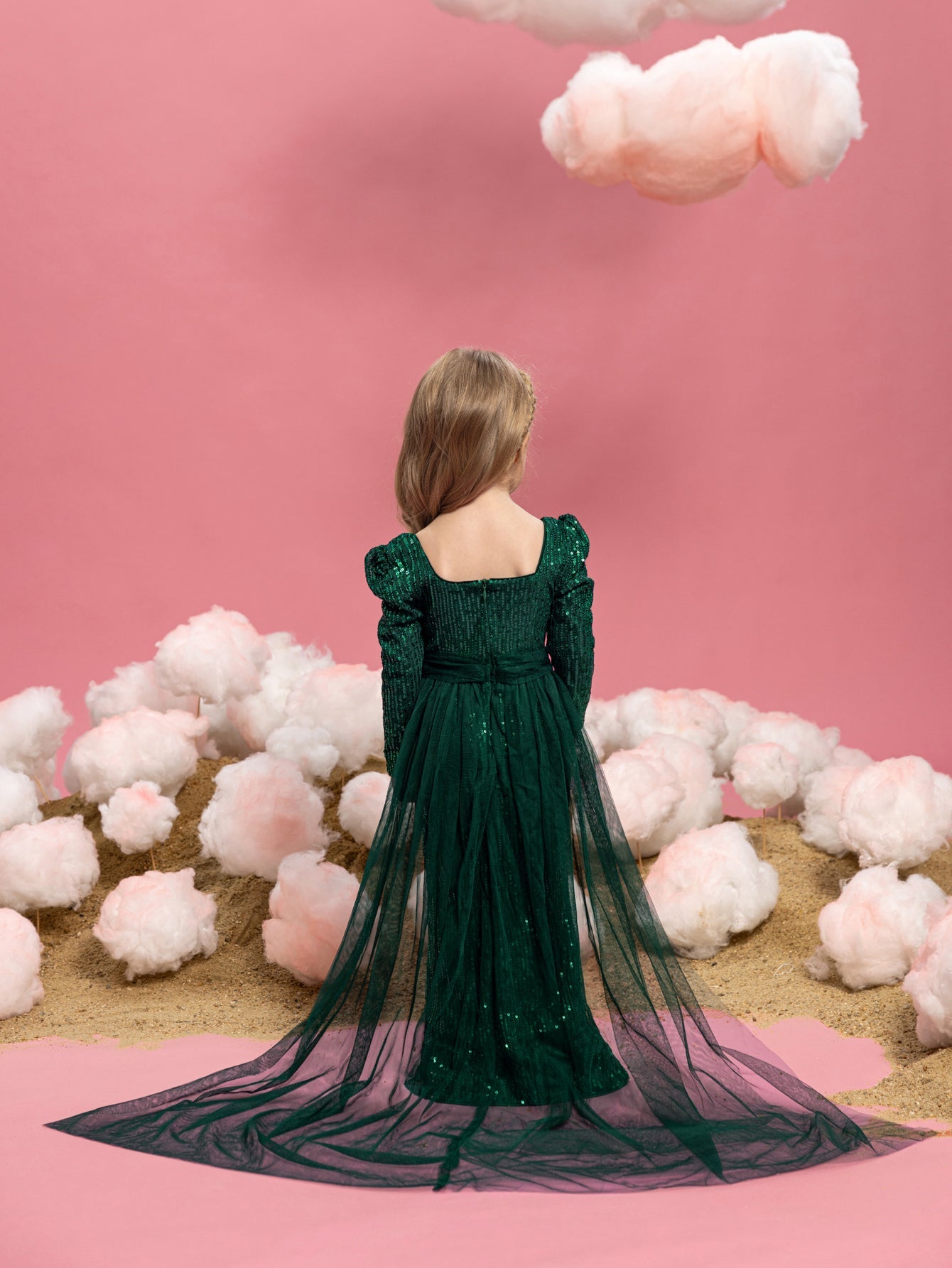Young Girls' Square Neck Sequin Long-Sleeve Mermaid Formal Gown — authorized product image 2