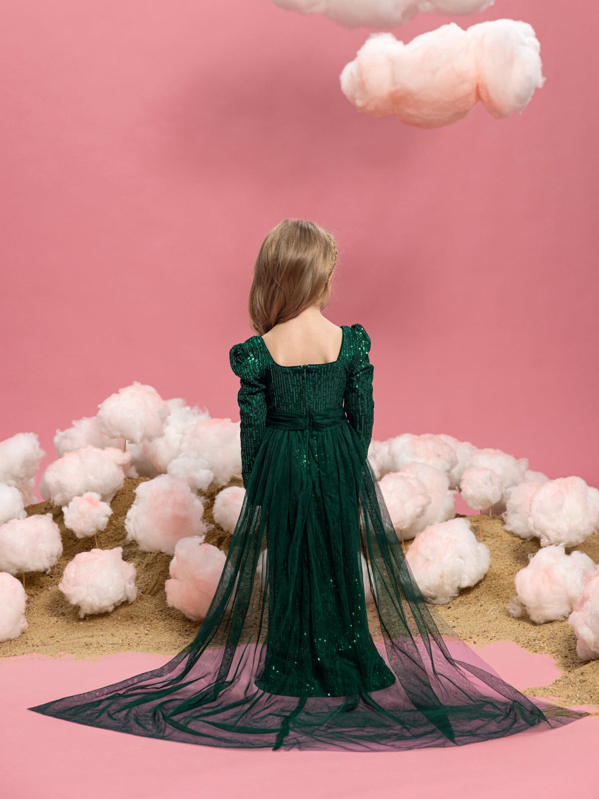 Young Girls' Square Neck Sequin Long-Sleeve Mermaid Formal Gown — authorized product image 2