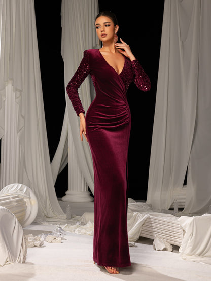 Additional product view of V-Neck Velvet Sequin Mermaid Long-Sleeve Evening Gown