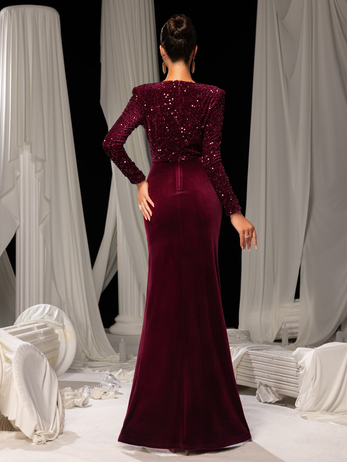 Additional product view of V-Neck Velvet Sequin Mermaid Long-Sleeve Evening Gown