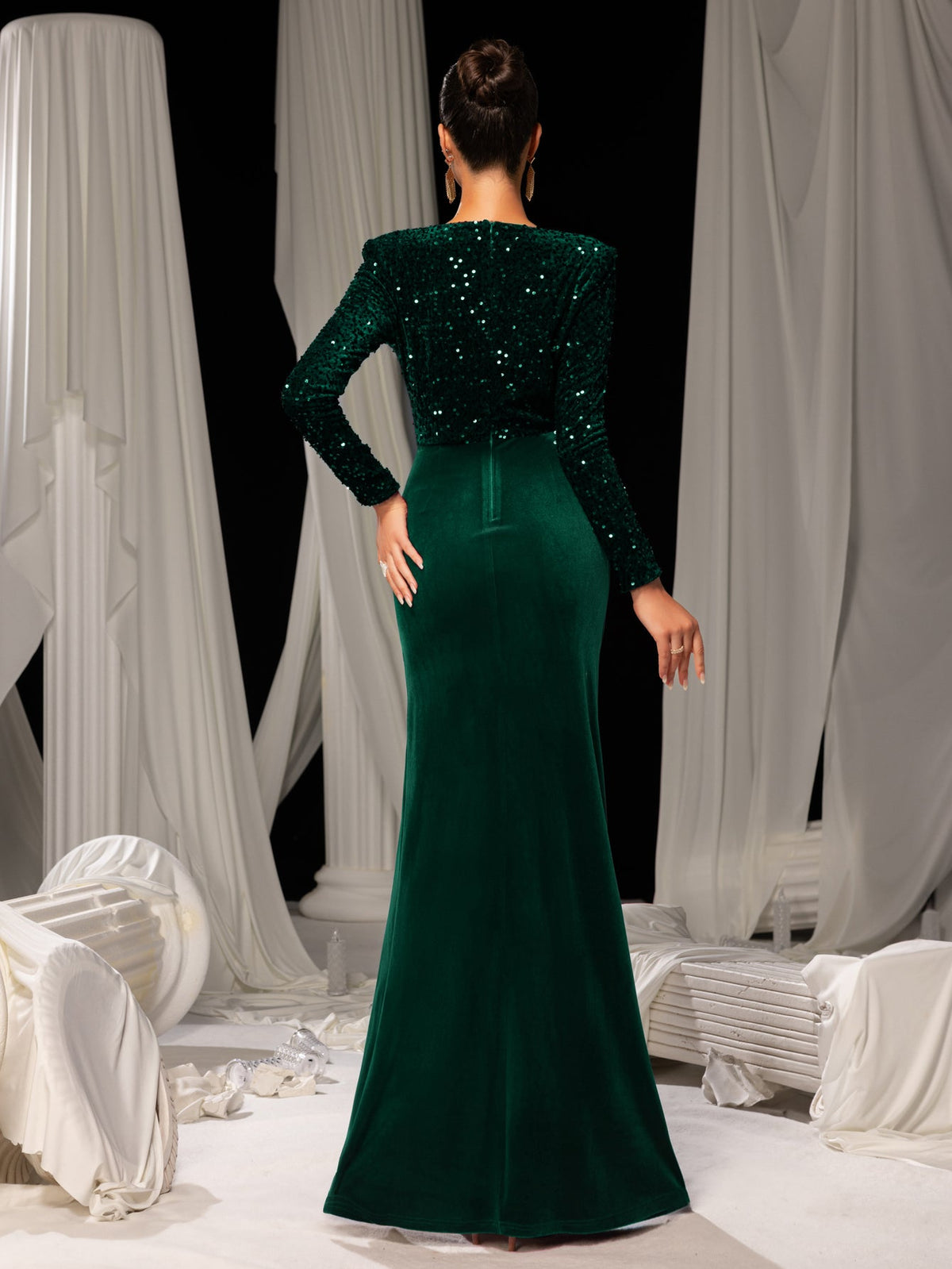 Additional product view of V-Neck Velvet Sequin Mermaid Long-Sleeve Evening Gown