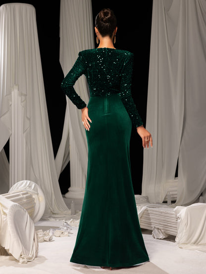 Additional product view of V-Neck Velvet Sequin Mermaid Long-Sleeve Evening Gown