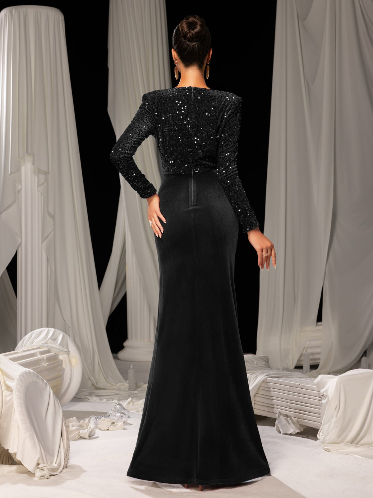 Additional product view of V-Neck Velvet Sequin Mermaid Long-Sleeve Evening Gown