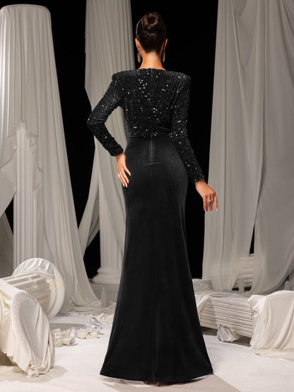 Additional product view of V-Neck Velvet Sequin Mermaid Long-Sleeve Evening Gown