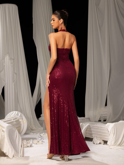 Elegant Sequined Evening Gown with Halter Neckline & Side High Slit – Luxurious Red Carpet Wear for Galas, Parties & Formal Events – view 2