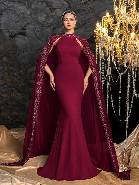 Rhinestone Detail Mock Neck Mermaid Hem Formal Cape Evening Dress in Burgundy