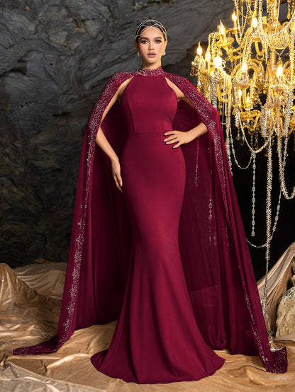 Additional view of Rhinestone Detail Mock Neck Mermaid Hem Formal Cape Evening Dress