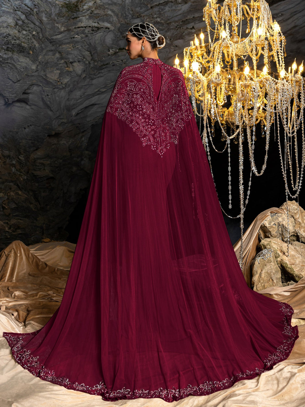 Additional view of Rhinestone Detail Mock Neck Mermaid Hem Formal Cape Evening Dress