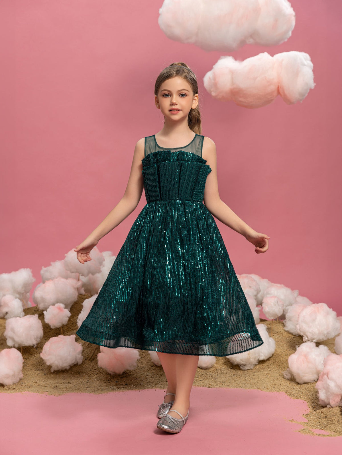 Tween Girls' Round Neck Sequin Pleated Sleeveless A-Line Formal Dress — authorized product image 1