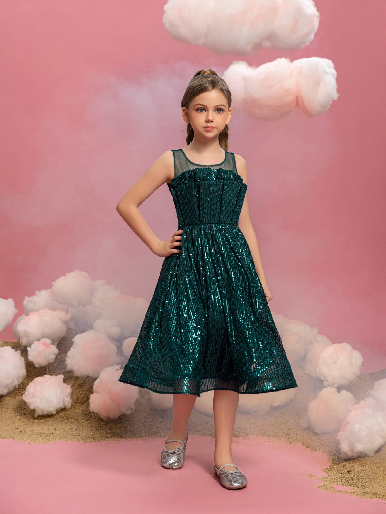 Tween Girls' Round Neck Sequin Pleated Sleeveless A-Line Formal Dress — authorized product image 5