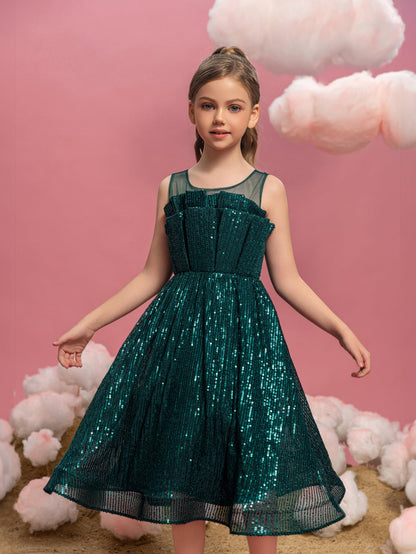 Tween Girls' Round Neck Sequin Pleated Sleeveless A-Line Formal Dress — authorized product image 3