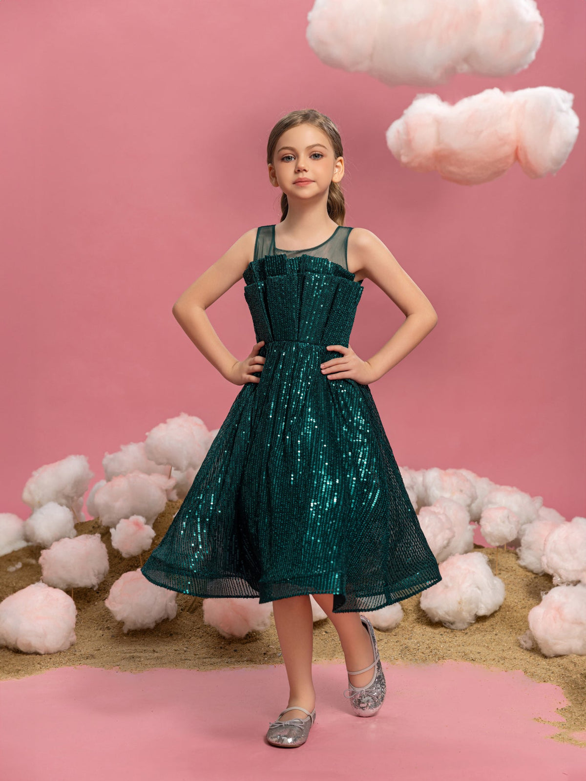 Tween Girls' Round Neck Sequin Pleated Sleeveless A-Line Formal Dress — authorized product image 6