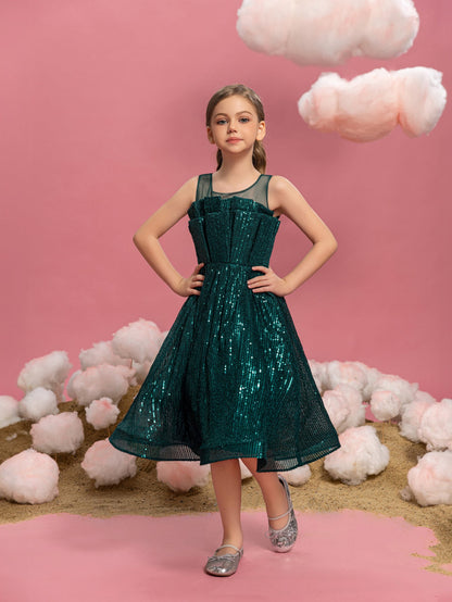 Tween Girls' Round Neck Sequin Pleated Sleeveless A-Line Formal Dress — authorized product image 6