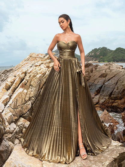 Metallic Ruched Bodice Pleated Hem Formal Party Tube Dress