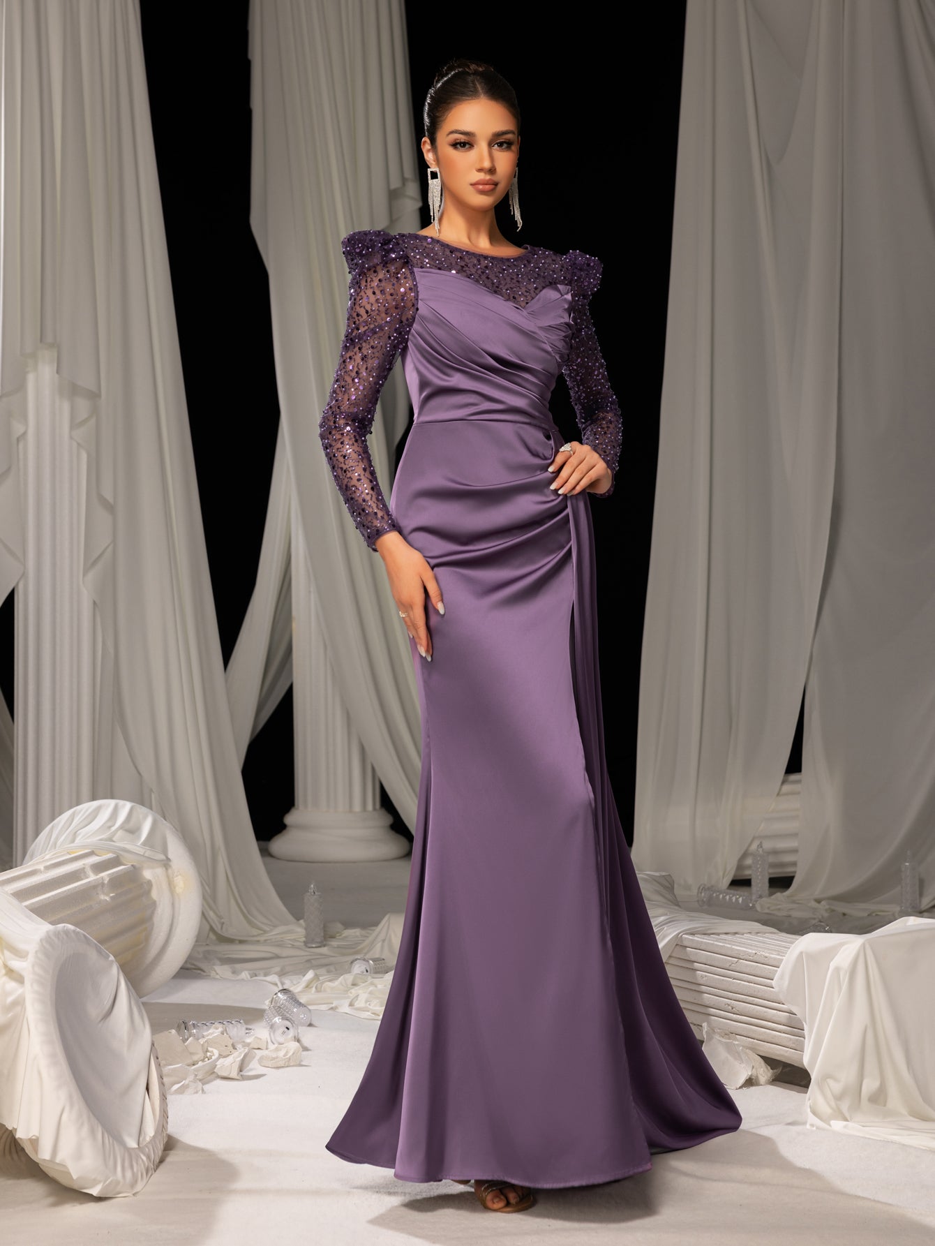 Elegant Evening Gown with Thigh-High Slit & Sequined Sleeves - Idea for Luxury Fashion Shows or Premium Brand Events, XS-XL