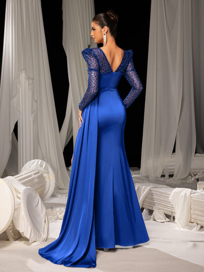 Elegant Evening Gown with Thigh-High Slit & Sequined Sleeves - Idea for Luxury Fashion Shows or Premium Brand Events, XS-XL