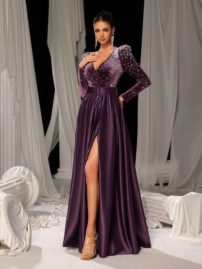 Elegant Evening Gown with Deep V-Neck & Side Slit – Luxurious Satin Gown for Red Carpet, Gala Dinners & High-End Events