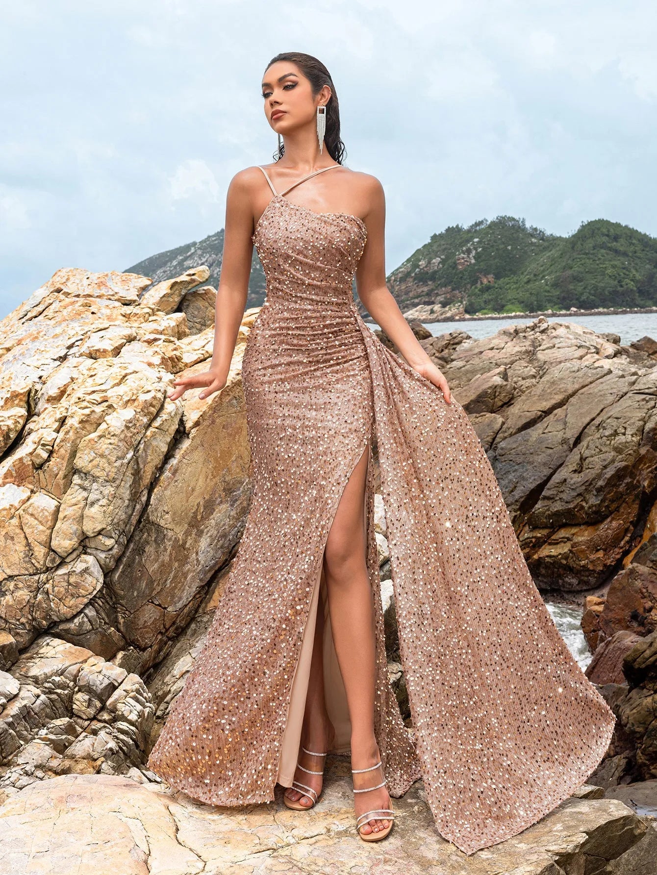Alternate view of Asymmetrical Spaghetti Strap Sequin Mermaid Sleeveless Evening Gown in Champagne