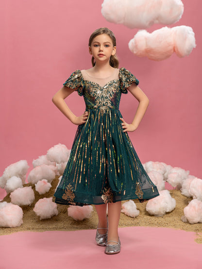Additional product view of Puff-Sleeve Sequin A-Line Midi Tween Girls' Party Dress