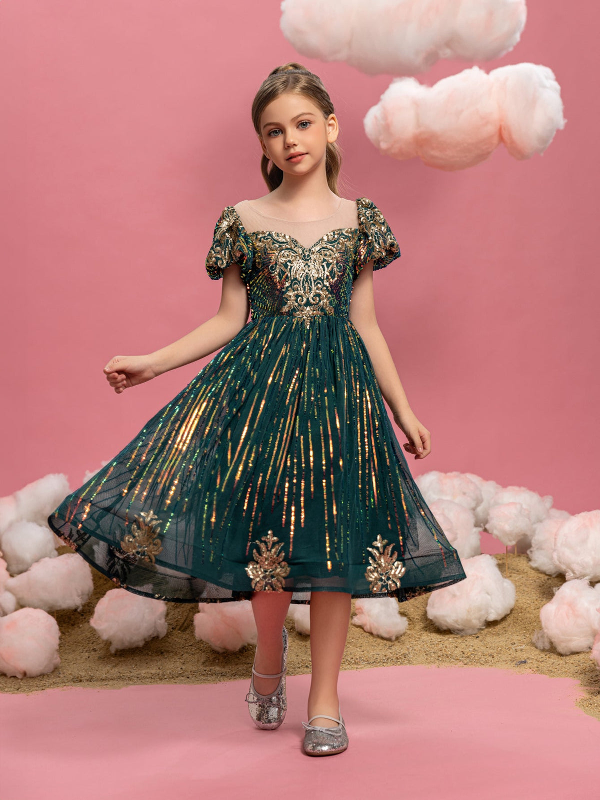 Additional product view of Puff-Sleeve Sequin A-Line Midi Tween Girls' Party Dress