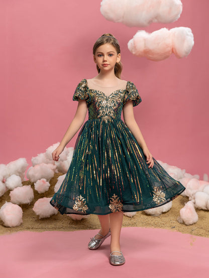 Additional product view of Puff-Sleeve Sequin A-Line Midi Tween Girls' Party Dress