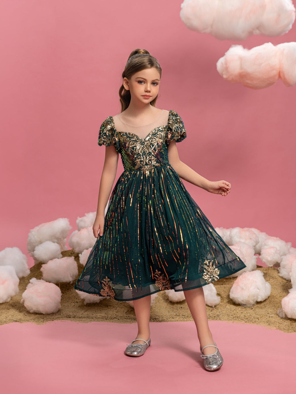 Additional product view of Puff-Sleeve Sequin A-Line Midi Tween Girls' Party Dress