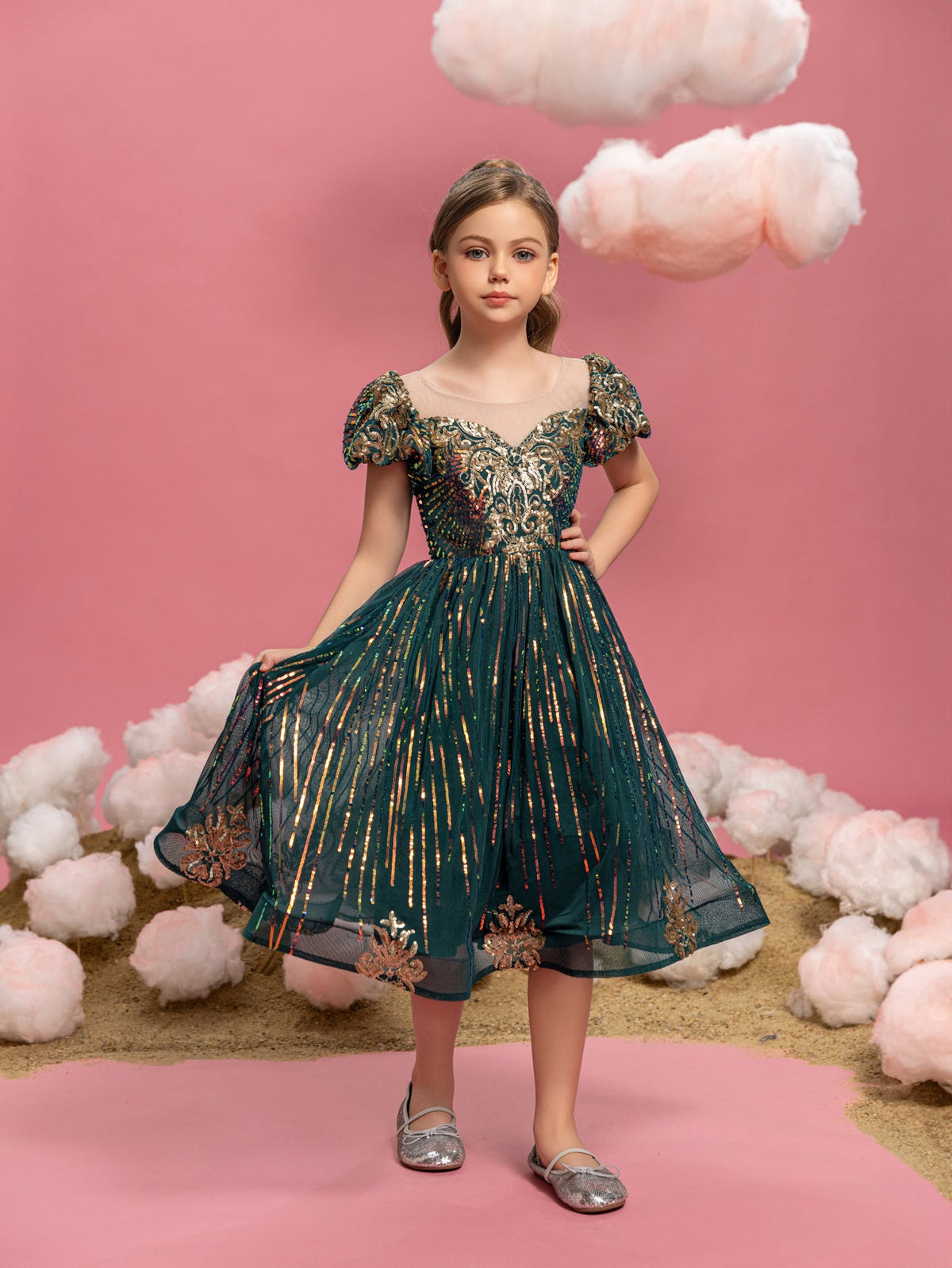 Puff-Sleeve Sequin A-Line Midi Tween Girls' Party Dress in Dark Green