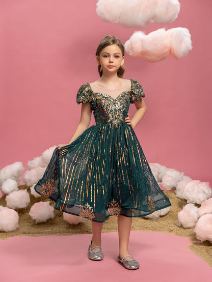 Puff-Sleeve Sequin A-Line Midi Tween Girls' Party Dress in Dark Green