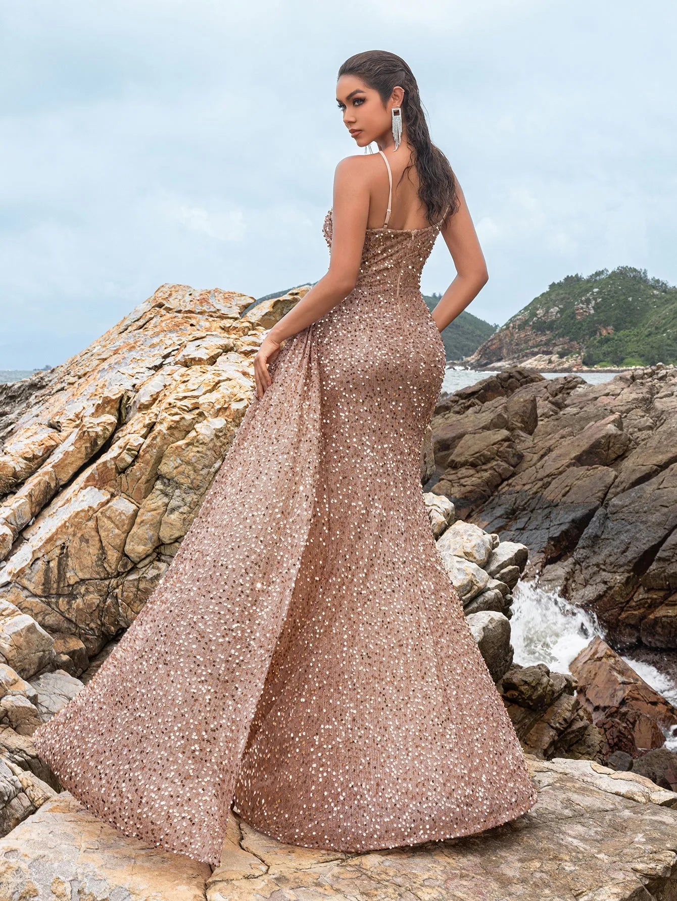 Additional product view of Asymmetrical Spaghetti Strap Sequin Mermaid Sleeveless Evening Gown