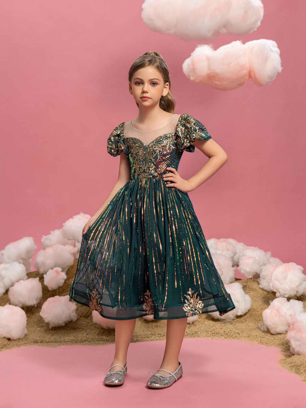 Additional product view of Puff-Sleeve Sequin A-Line Midi Tween Girls' Party Dress