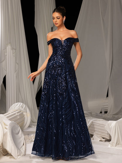 Elegant Off Shoulder Graphic Sequin Formal Prom Dress Evening Dress