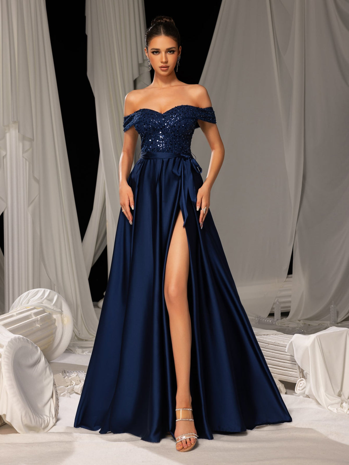 Elegant Off-Shoulder Evening Gown with Sequin Embellishments – High Slit Satin Skirt & Back Zipper for Luxury Weddings or Evening Glam, XS-XL