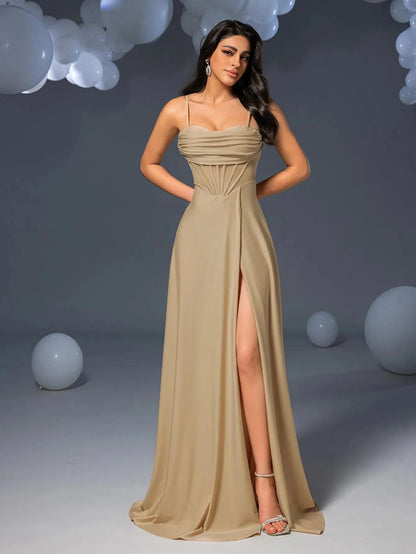 Elegant Solid Spaghetti Straps Split Thigh Bridesmaids Dress